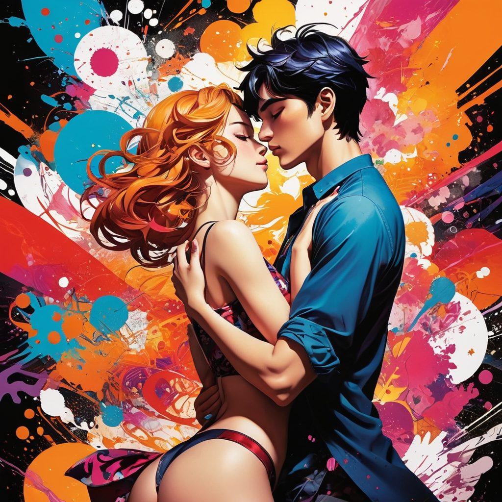 A vibrant collage showcasing a dynamic blend of anime characters in sensual poses intertwined with graphic novel panels, set against a backdrop of vivid colors and abstract patterns. Include elements like ink splatters, manga-style text bubbles, and suggestive symbolism to accentuate the theme. Characters should have expressive features and intricate details to capture the essence of adult animation. Incorporate a sense of movement and allure for visual impact. super-realistic. vibrant colors. high contrast.